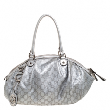 Pre Owned Gucci Metallic Silver Guccissima Leather Medium Sukey Boston Bag