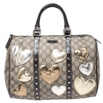 Pre Owned Gucci Beige/Ebony GG Supreme Coated Canvas Medium Hearts Joy Boston Bag