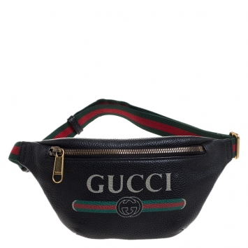 Pre Owned Gucci Black Pebbled Leather Small Logo Web Belt Bag