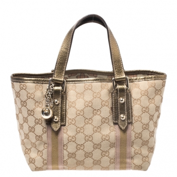 Pre Owned Gucci Beige/Metallic GG Canvas Leather Jolicoeur Web Tote