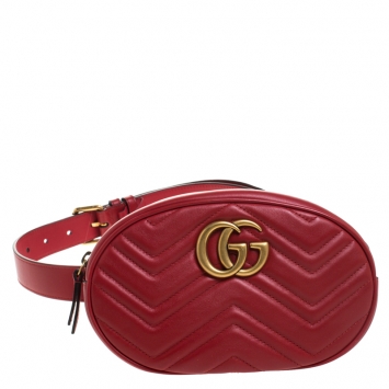 Pre Owned Gucci Red Matelassé Leather GG Marmont Belt Bag