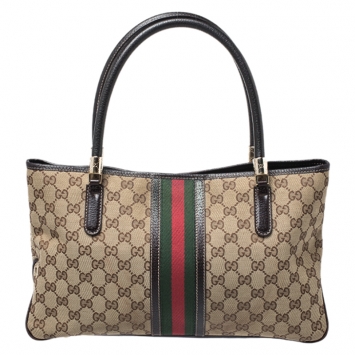Pre Owned Gucci Beige/Brown Canvas and Leather Web Classic Tote