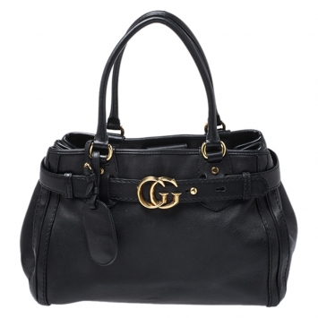 Pre Owned Gucci Black Leather Medium GG Running Tote