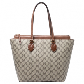 Pre Owned Gucci Beige/Tan GG Supreme Canvas and Leather Tote