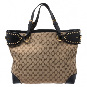 Pre Owned Gucci Beige/Black GG Canvas Studded Patti Tote