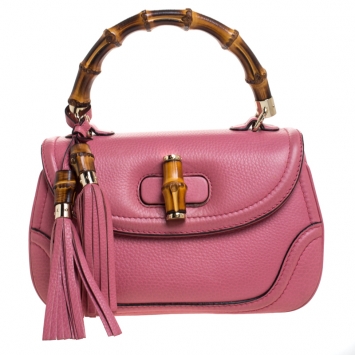 Pre Owned Gucci Pink Leather Medium Tassel New Bamboo Top Handle Bag