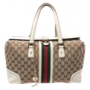 Pre Owned Gucci White GG Canvas and Leather Large Web Treasure Boston Bag