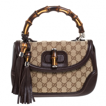 Pre Owned Gucci Brown GG Canvas and Leather Medium Tassel New Bamboo Top Handle Bag