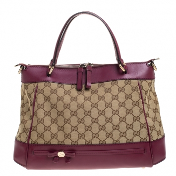 Pre Owned Gucci Beige/Purple GG Canvas and Leather Medium Mayfair Bow Tote