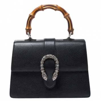 Pre Owned Gucci Black Leather Medium Dionysus Bamboo Top Handle Bag