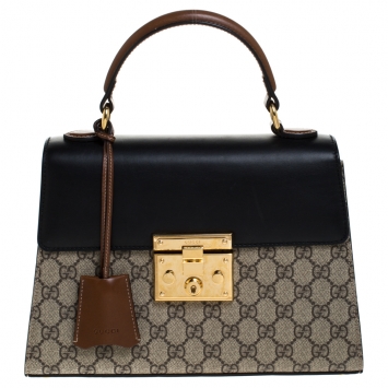 مملوكة مسبقًا Gucci  Black/Brown GG Supreme Canvas and Leather Small Padlock Top Handle Bag