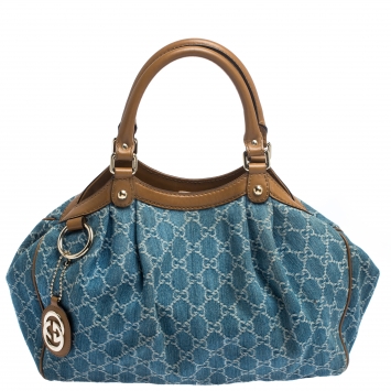 Pre Owned Gucci Blue GG Denim and Leather Medium Sukey Tote