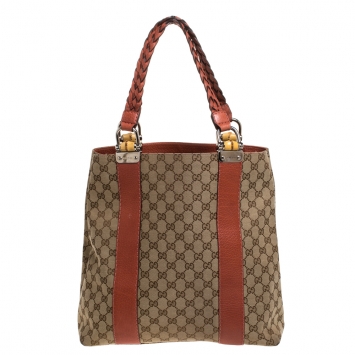 Pre Owned Gucci Beige/Orange GG Canvas Vertical Bamboo Bar Tote