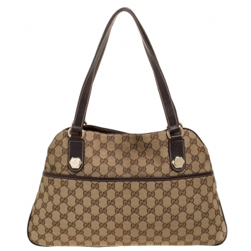 Pre Owned Gucci Beige/Brown GG Canvas and Leather Charmy Satchel