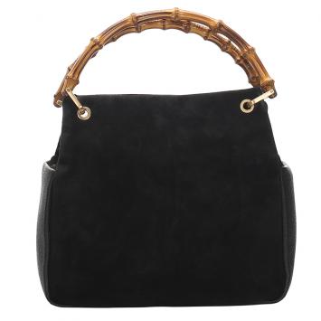 Pre Owned Gucci Black Velvet Bamboo Top Handle Bag