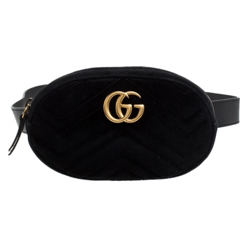 Pre Owned Gucci Black Matelassé Velvet GG Marmont Belt Bag