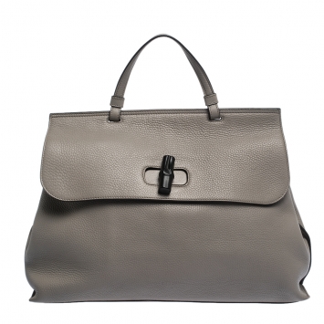 Pre Owned Gucci Grey Leather Large Bamboo Daily Top Handle Bag