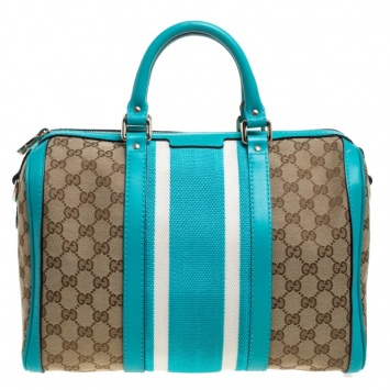 مملوكة مسبقًا Gucci Beige/Blue GG Canvas and Leather Medium Vintage Web Boston Bag