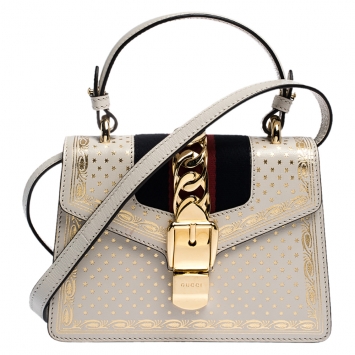 مملوكة مسبقًا Gucci Cream Star Print Leather Mini Sylvie Top Handle Bag