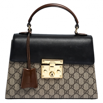 Pre Owned Gucci  Beige/Black GG Supreme Canvas and Leather Small Padlock Top Handle Bag