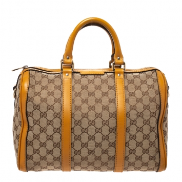 Pre Owned Gucci Beige/Yellow GG Canvas and Leather Medium Boston Bag