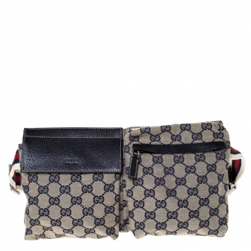 Pre Owned Gucci Navy Blue GG Canvas Web Shelley Belt Bag