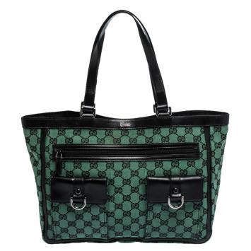 Pre Owned Gucci Green/Black GG Canvas and Leather Abbey Pocket Tote