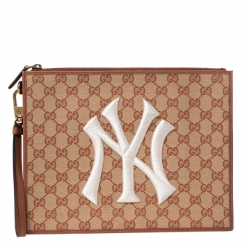 Pre Owned Gucci Beige/Brown GG Canvas and Leather New York Yankees Patch Pouch