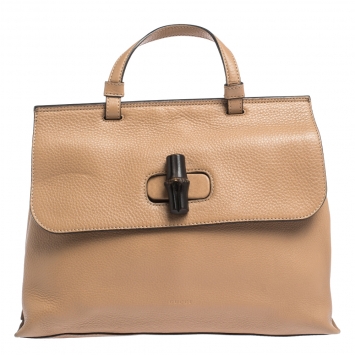 Pre Owned Gucci Tan Leather Medium Bamboo Daily Top Handle Bag