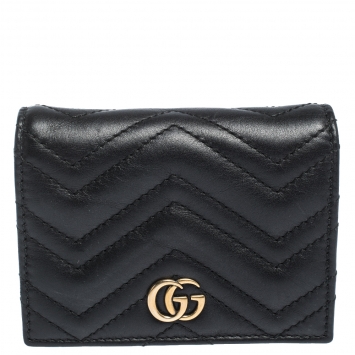 Pre Owned Gucci Black Matelasse Leather GG Marmont Card Case