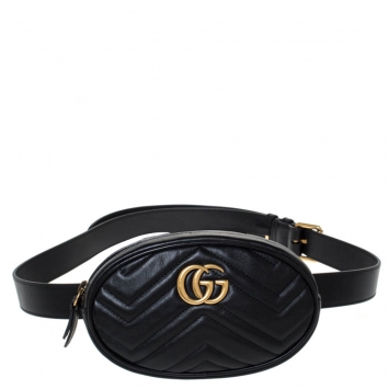 Pre Owned Gucci Black Matelasse Leather GG Marmont Belt Bag