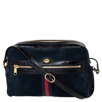 Pre Owned Gucci Black Suede and Patent Leather Ophidia Shoulder Bag