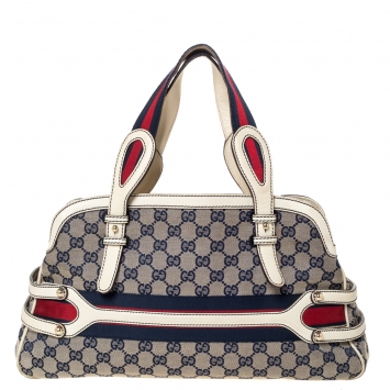 Pre Owned Gucci Beige/Blue GG Canvas and Leather Web Satchel