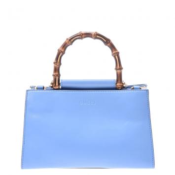 Pre Owned Gucci Blue Leather Mini Nymphaea Bamboo Top Handle Bag