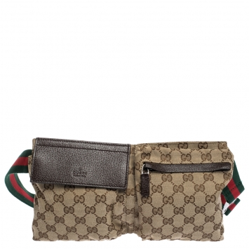 Pre Owned Gucci Brown/Beige GG Canvas and Leather Web Waist Belt Bag