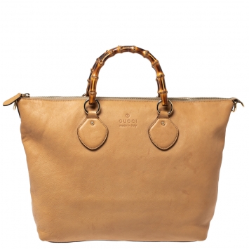 Pre Owned Gucci Light Brown Leather Bamboo Handle Shopper Tote