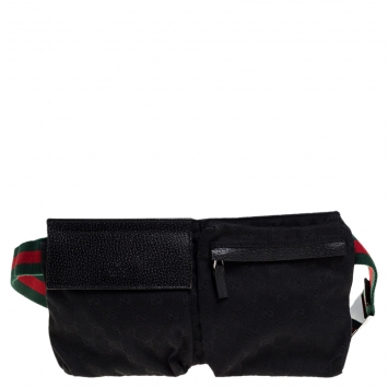 Pre Owned Gucci Black GG Canvas and Leather Web Waist Belt Bag