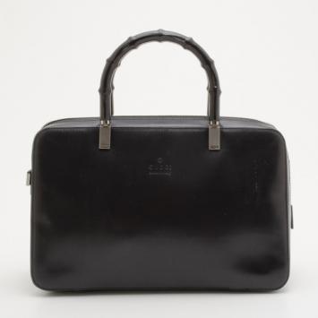 Pre Owned Gucci Black Leather Bamboo Top Handle Boston Bag