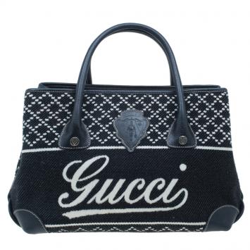 Pre Owned Gucci Black & White Canvas Medium Diamond Blazon Tote