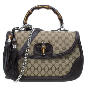 Pre Owned Gucci Brown Canvas Leather Large New Bamboo Tassel Top Handle Bag
