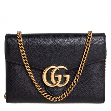 Pre Owned Gucci Black Leather GG Marmont Wallet on Chain