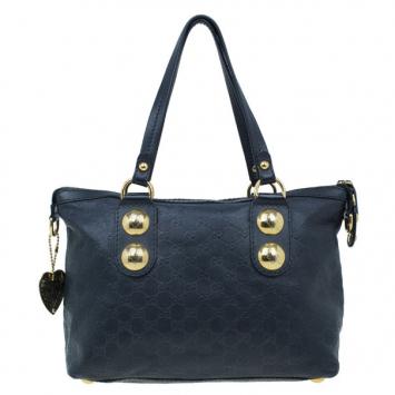 Pre Owned Gucci Black Monogram Leather Top Handle Tote