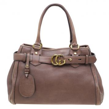Pre Owned Gucci Brown Leather Medium GG Running Tote