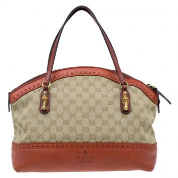 Pre Owned Gucci Beige/Orange GG Canvas and Leather Laidback Crafty Top Handle Bag