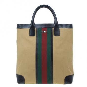 Pre Owned Gucci Beige Canvas and Leather Vertical Web Tote