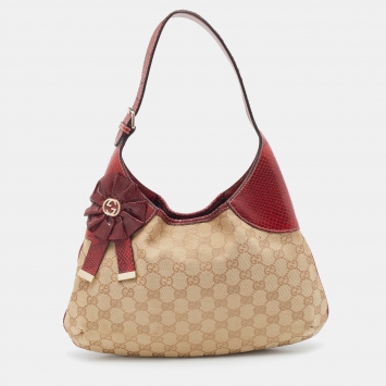Pre Owned Gucci Beige/Burgundy GG Canvas And Leather Trophy Hobo