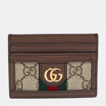 Pre Owned Gucci Beige/Brown GG Supreme Canvas And Leather Ophidia Card Case