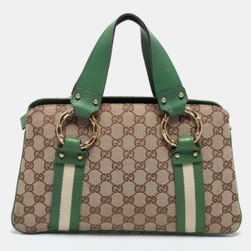 Pre Owned Gucci Beige GG Canvas Small Web Metal Bamboo Satchel