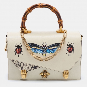 Pre Owned Gucci Cream Leather and Snakeskin Small Ottilia Bee Printed Bamboo Top Handle Bag