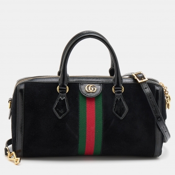 Pre Owned Gucci Black Suede and Patent Leather Medium GG Ophidia Boston Bag